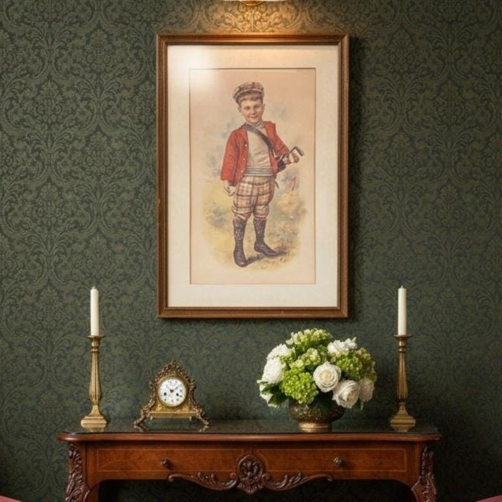 Maud Humphrey Golf Boy Vintage Framed Lithograph Print Wall Art Decor 1897 Style